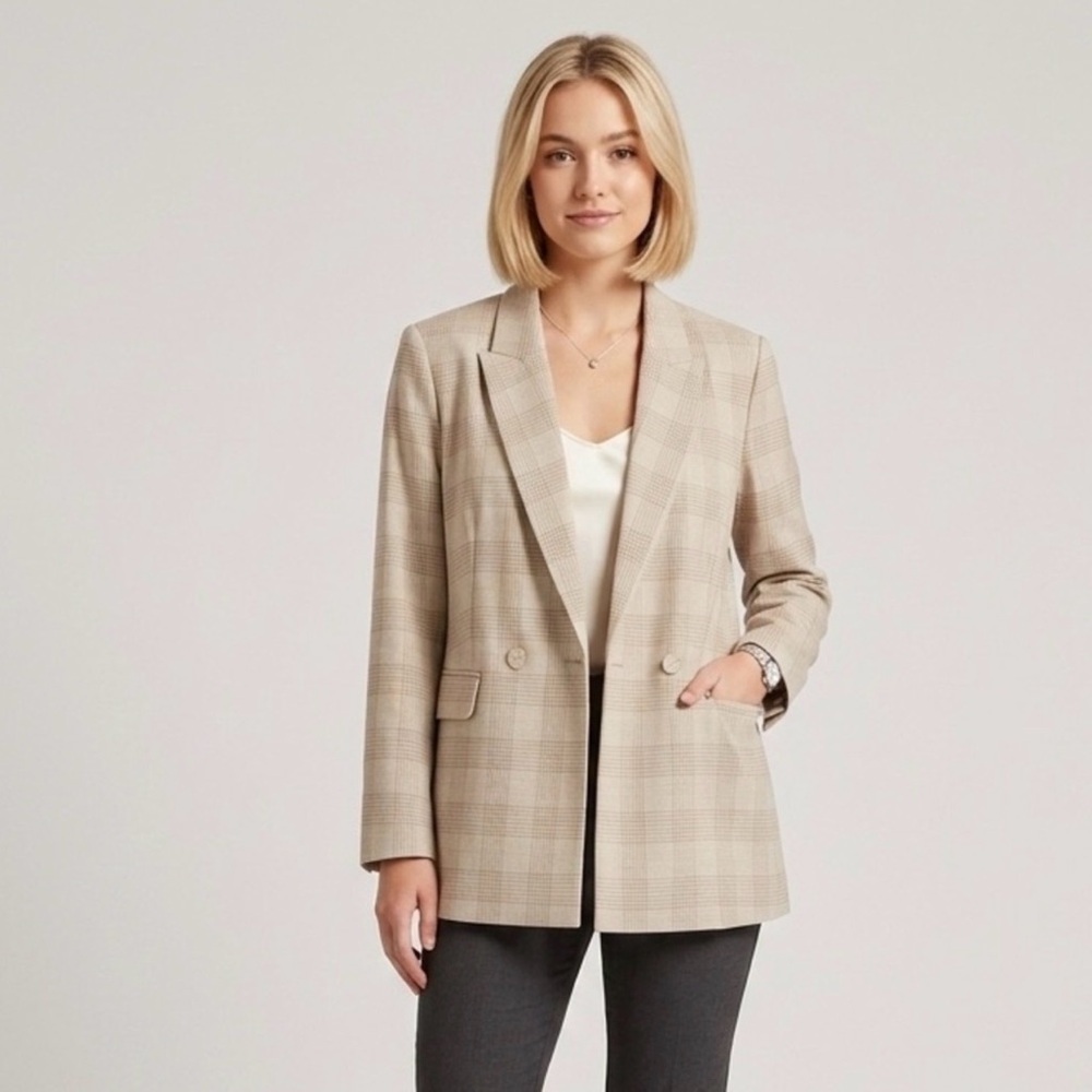 House of Harlow 1960 Cream Plaid Oversized Blazer XS Chic Spring